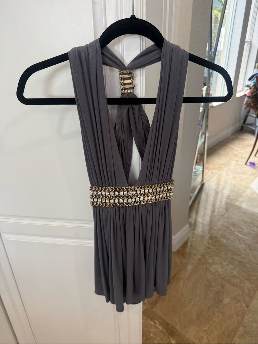 Sky Brand Elegant Gray Sleeveless halter top with Crystal Waist Detail